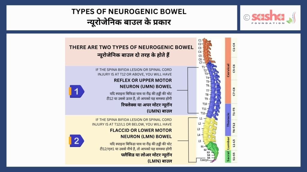 Types of Neurogenic Bowel Digital Evacuation - Spina Bifida lesion or spinal cord injury location will dictate the type of neurogenic bowel